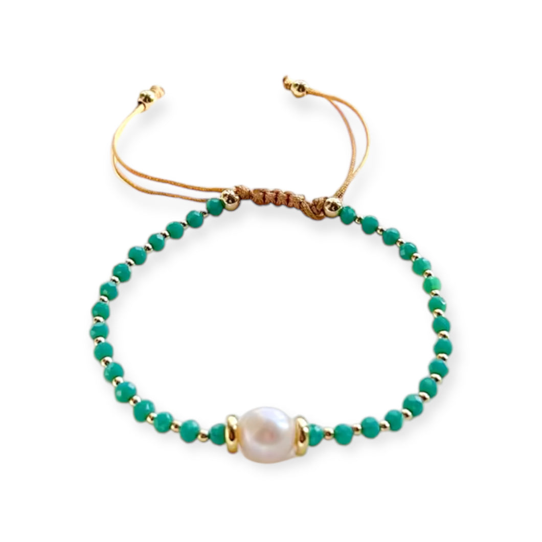 Pearl and Green Crystal String abracelet