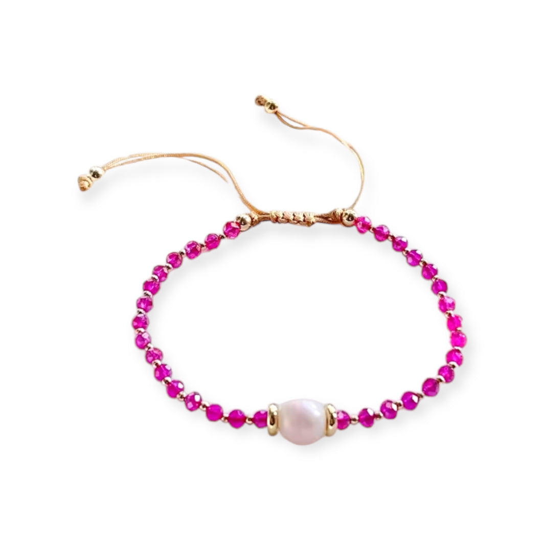 Pearl and Hot Pink Crystal String Bracelet