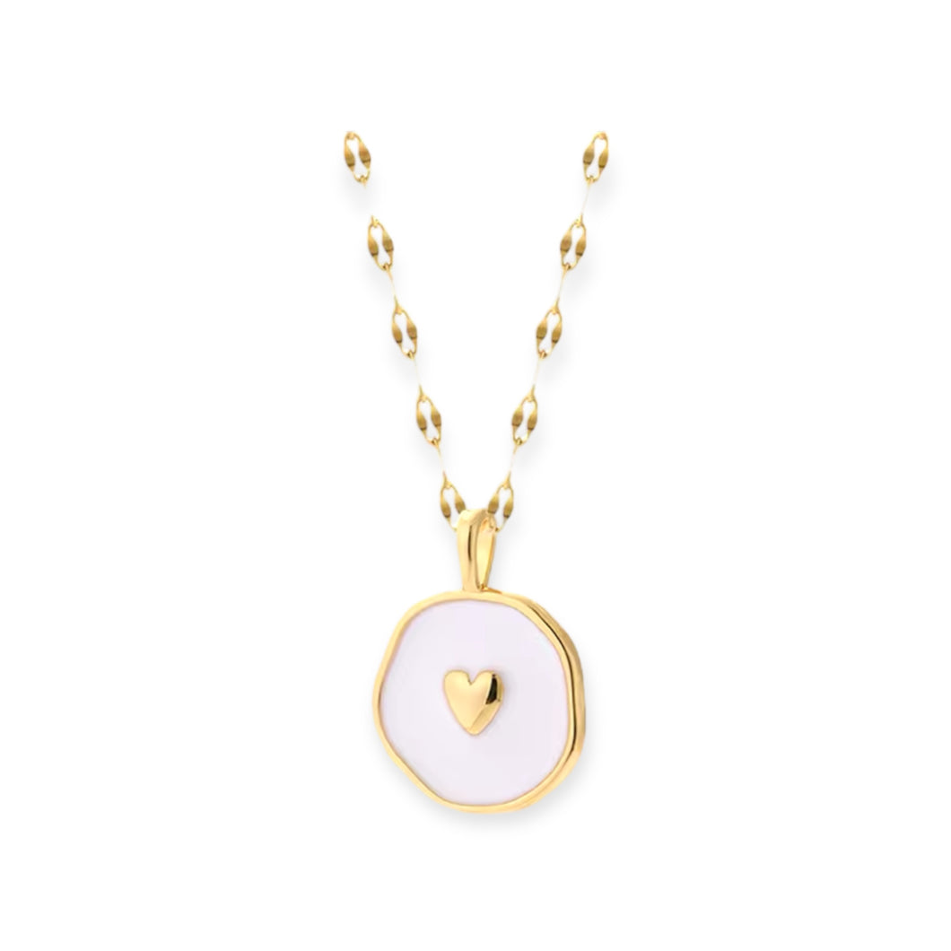 Round White Enamel With Heart Pendant on Chain