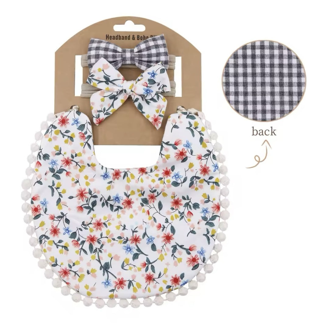 Floral-Gingham Reversible Bib Set