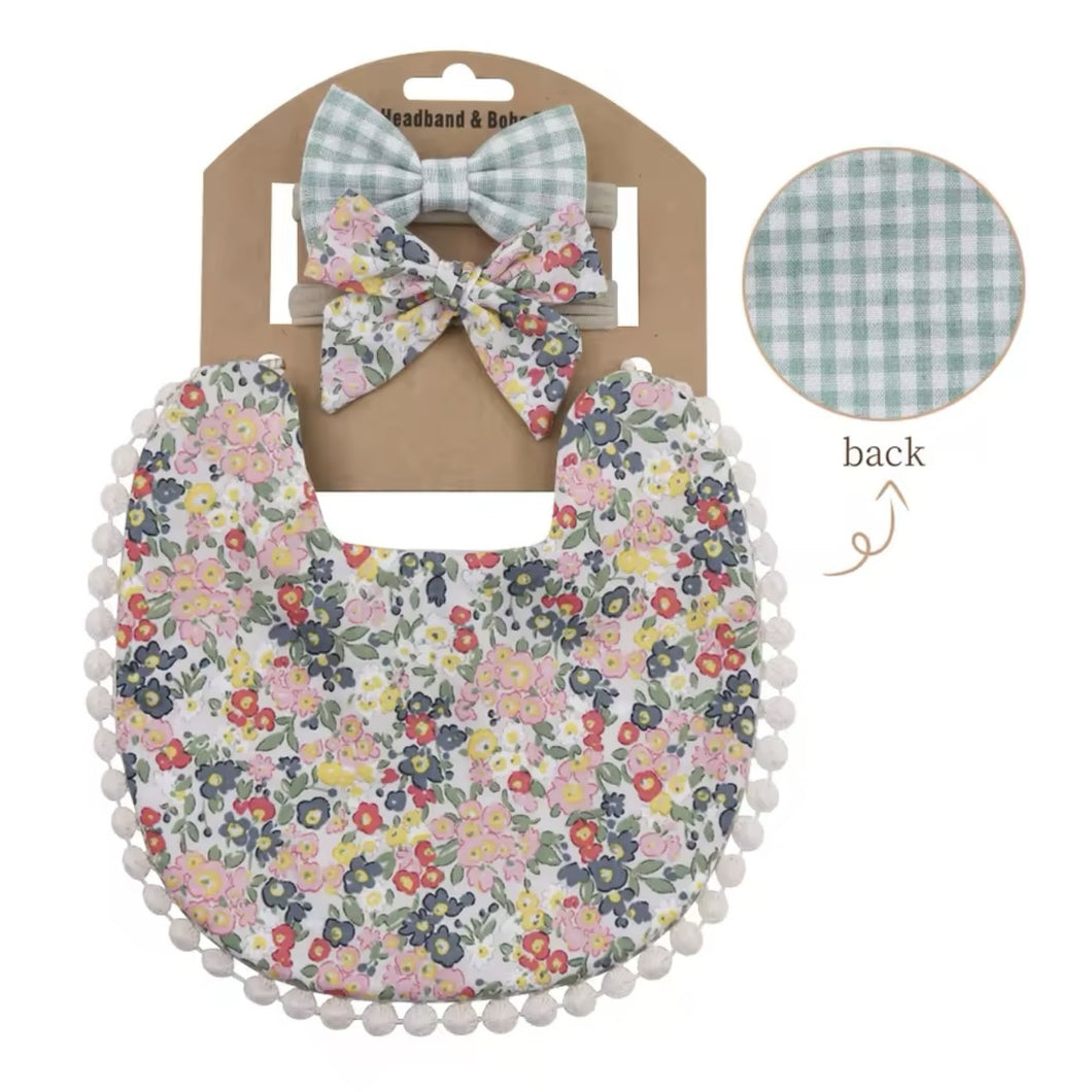 Floral-Gingham Reversible Bib Set