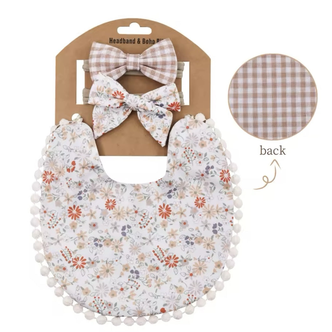 Floral-Gingham Reversible Bib Set