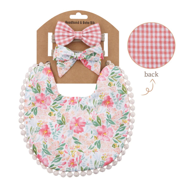 Floral-Gingham Reversible Bib Set