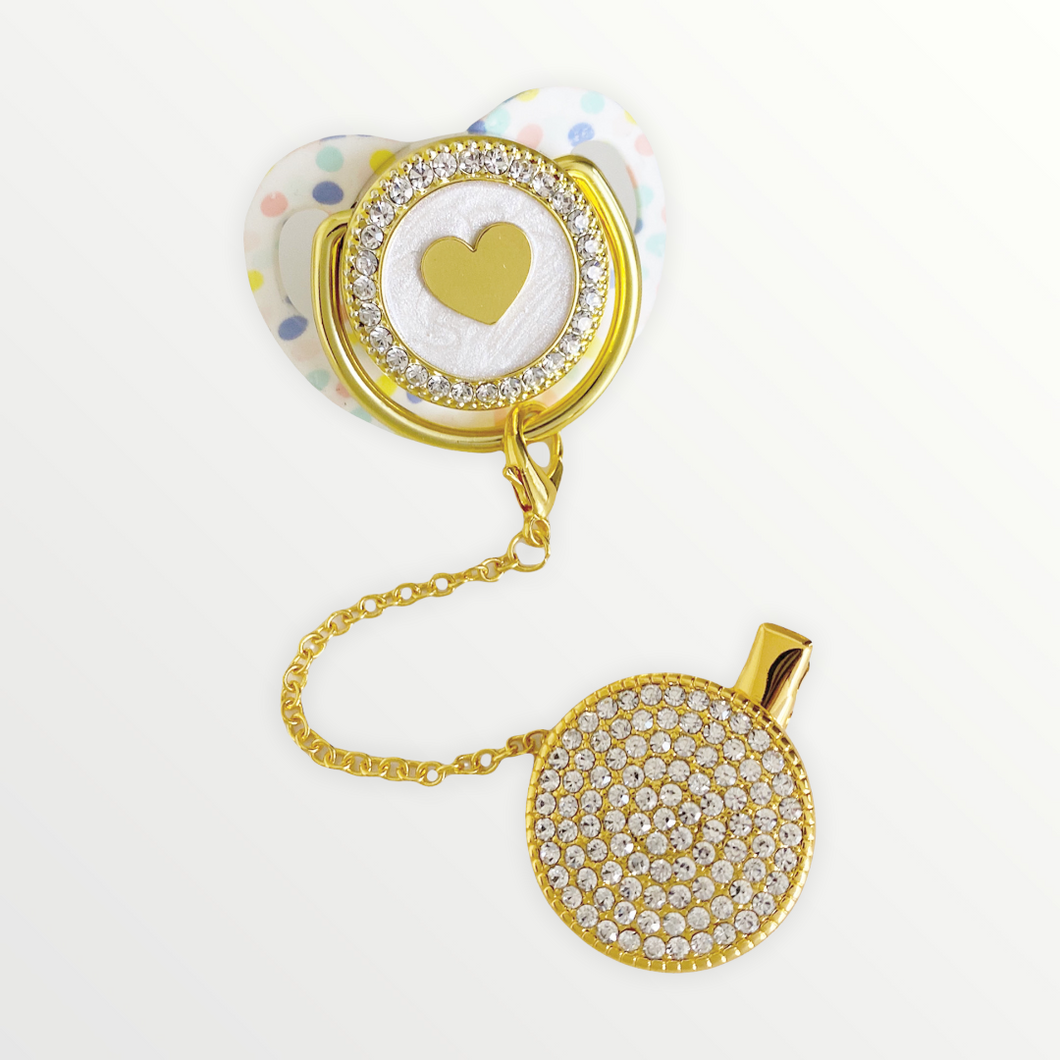 Gold Heart Confetti Pacifier with Clip