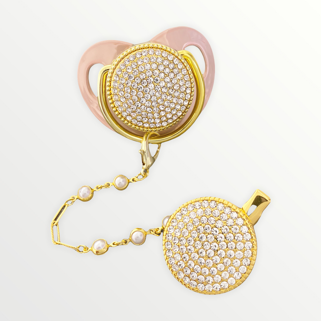 Rhinestones Gold Rose Pacifier with Clip
